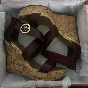Guess Cork Wedges in Merlot - Size 8.5